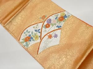 リサイクル　金駒刺繍山並みに椿・菊・紅葉模様名古屋帯